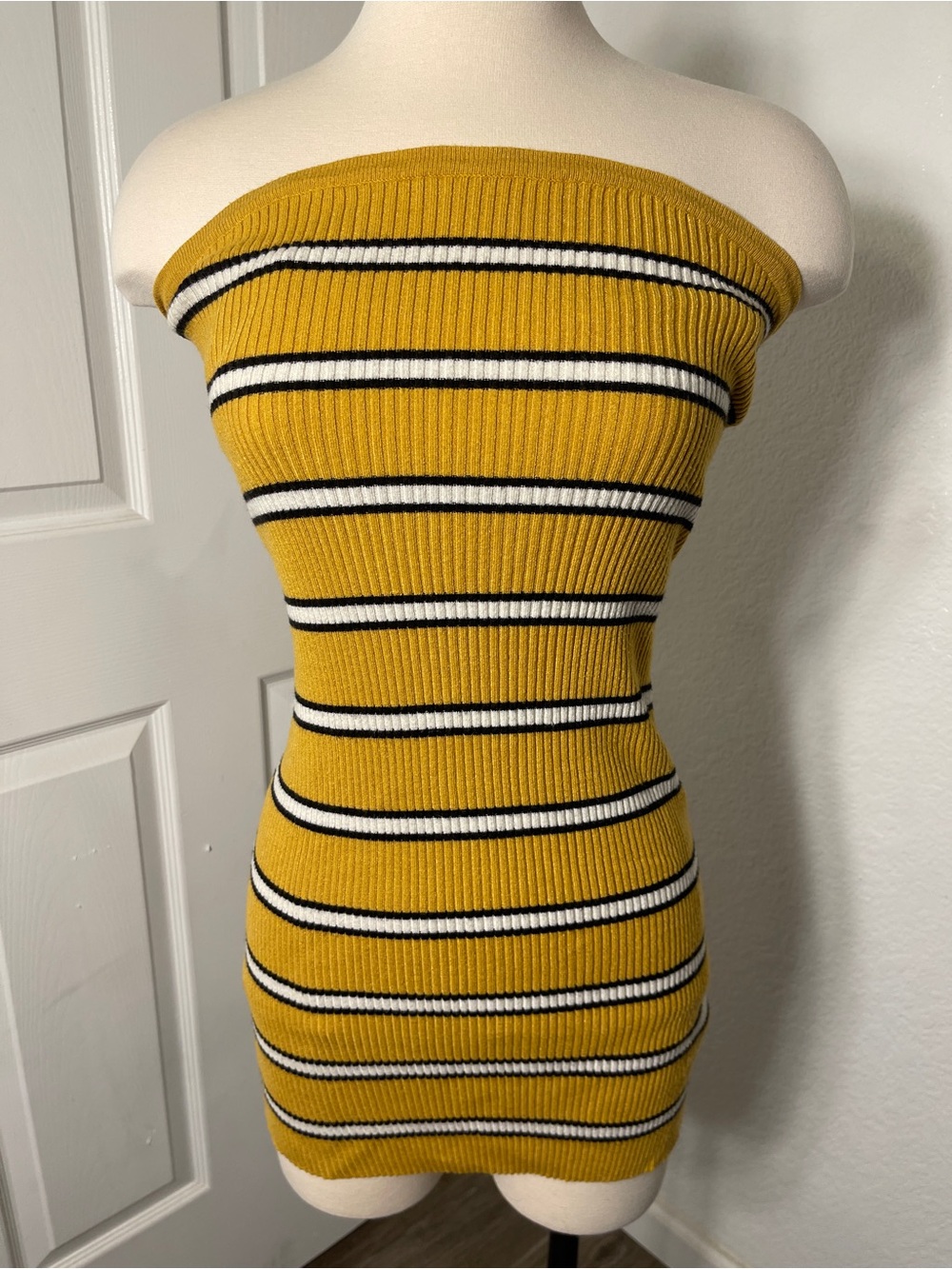 Empyre Mustard Yellow Ribbed Strapless Bodycon Dress with Black & White Stripes